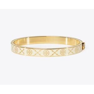 NEW Tory Burch T Monogram Hinge BRACELET Bangle Gold Ivory Logo Classic Summer